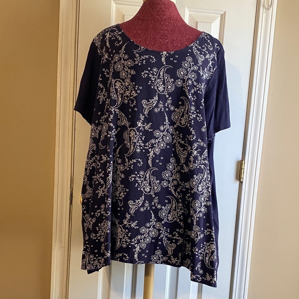 Lagenlook Women Within Paisley Tunic Top Navy White Flowy Comfort Fit